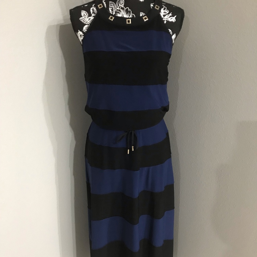 White House Black Market Royal Blue Black Striped￼ Asymmetrical￼Hemline Dress S